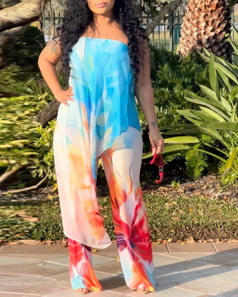 2 Pieces Outfit Floral Print Bandeau Asymmetrical Hem Top and Casual Wide Leg Pants Set