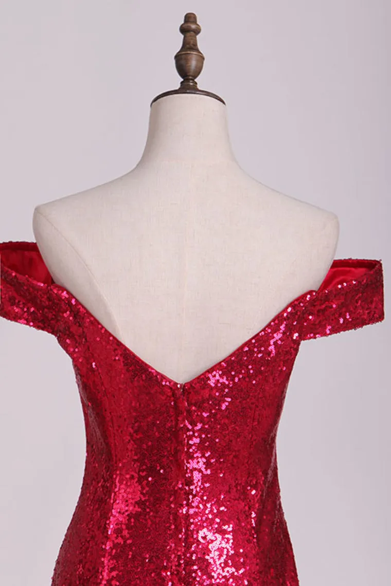 2024 Sexy Off The Shoulder Prom Dresses Sheath With Slit Sequins
