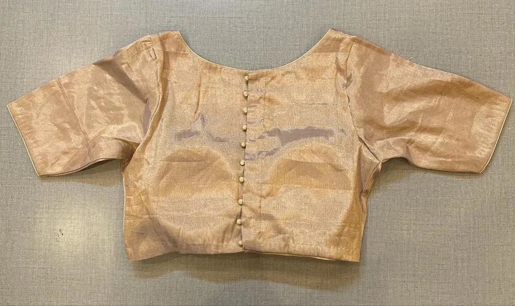 42A037 Golden Tissue Saree Blouse With Elbow Sleeves