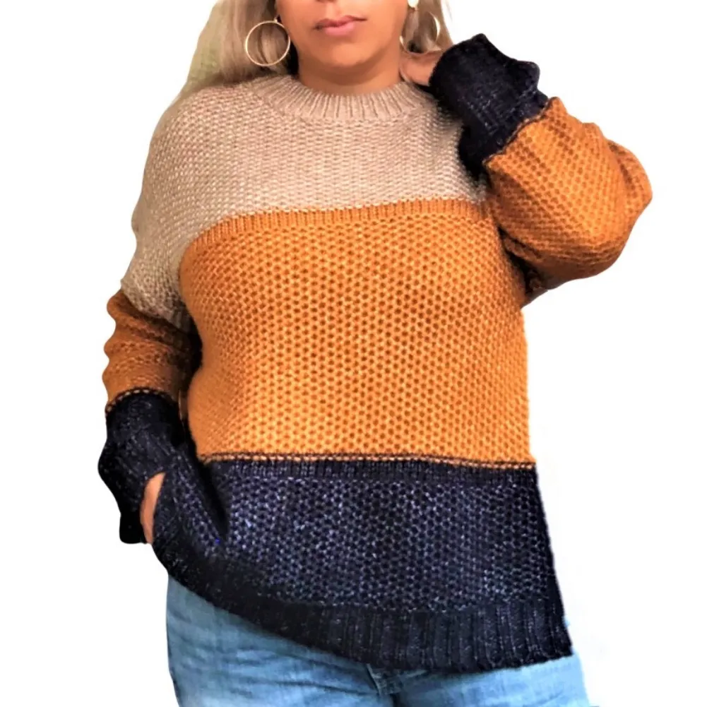 AUTUMN WINTER COLOR BLOCK KNIT SWEATER