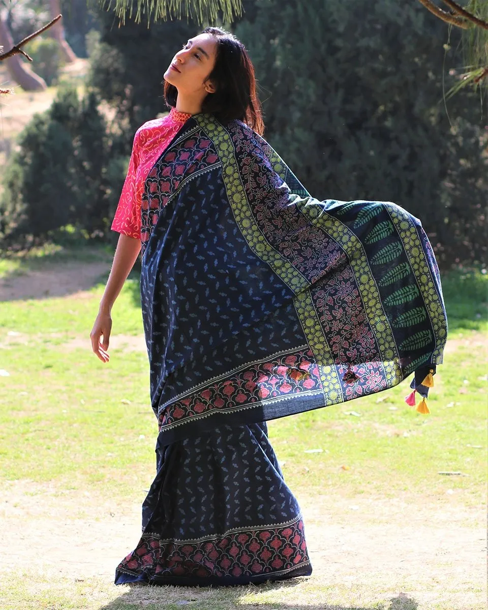 Blue Blockprinted Cotton Mul Saree