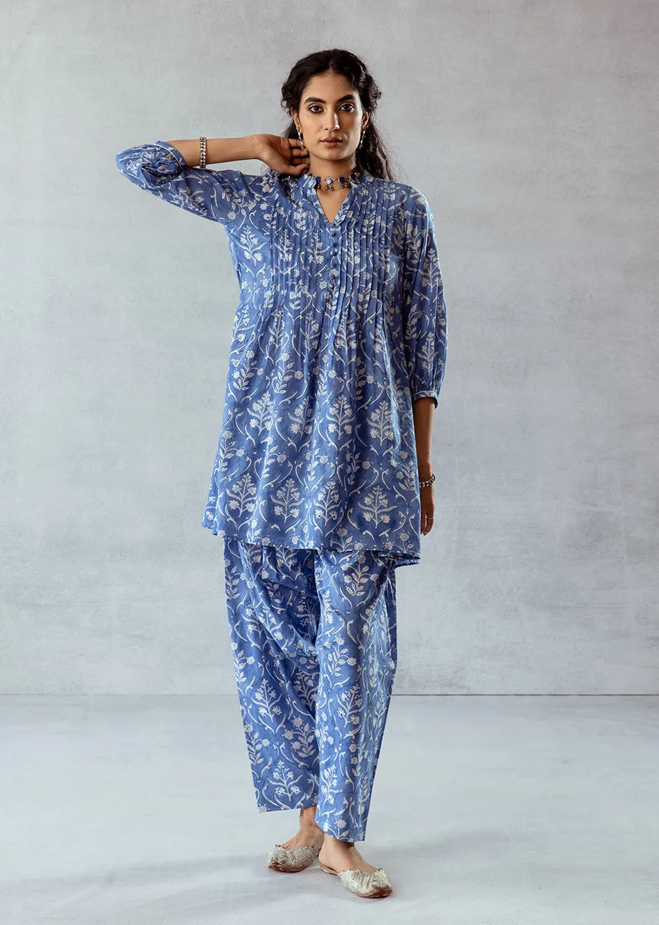 Blue Cotton Embroidered 3-Piece Kurta Set