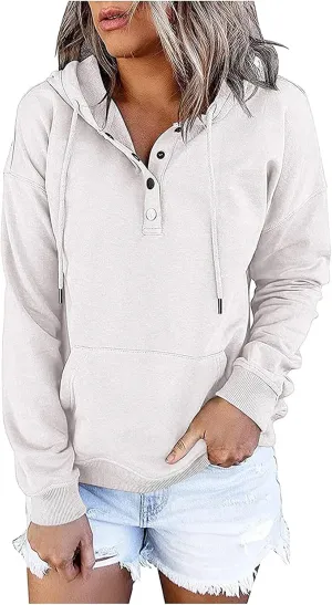 Ceboyel Women Cute Hoodies 2023 Button Collar Pullover Tops Drawstring Long Sleeve Sweatshirts Trendy Teen Girls Clothing
