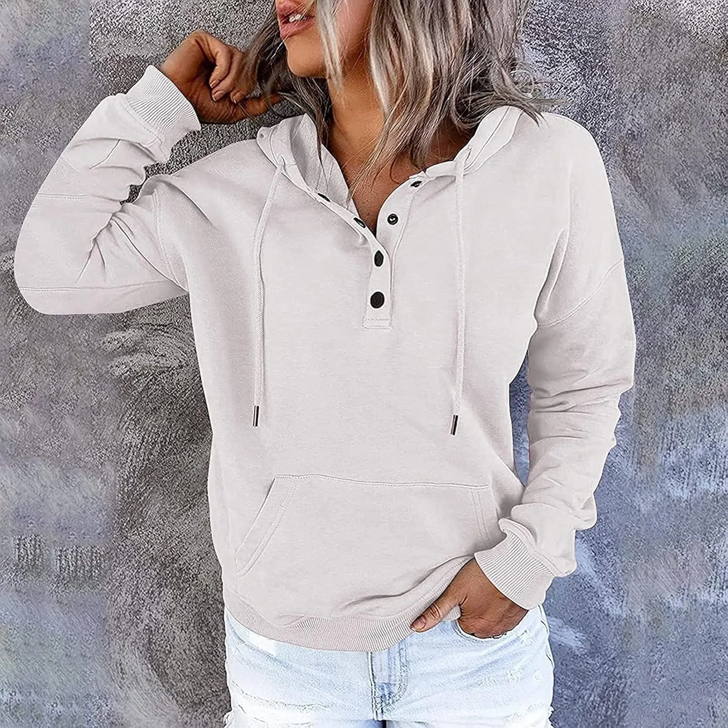 Ceboyel Women Cute Hoodies 2023 Button Collar Pullover Tops Drawstring Long Sleeve Sweatshirts Trendy Teen Girls Clothing