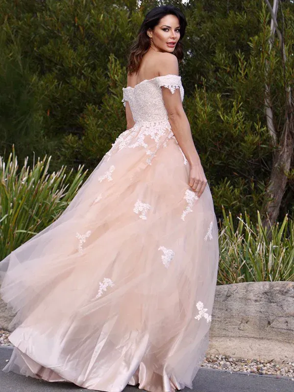 Chic A-line Off-the-shoulder Long Prom Dress Tulle Applique Evening Dress JKW220