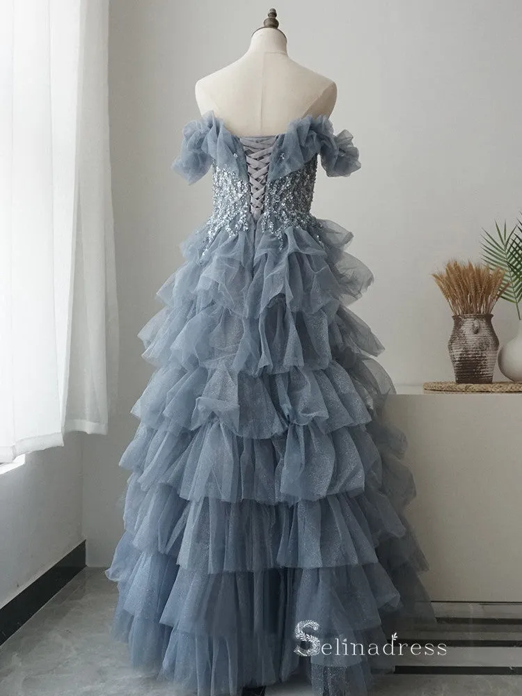 Chic Luxury A-line Long Prom Dresses Off-the-shoulder Beaded Evening Dresses MLH0481