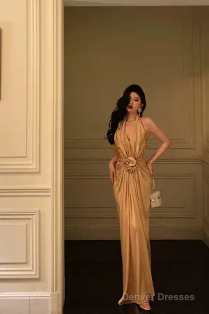 Chic Mermaid Halter Gold Long Ruffles Prom Dresses Birthday Dress