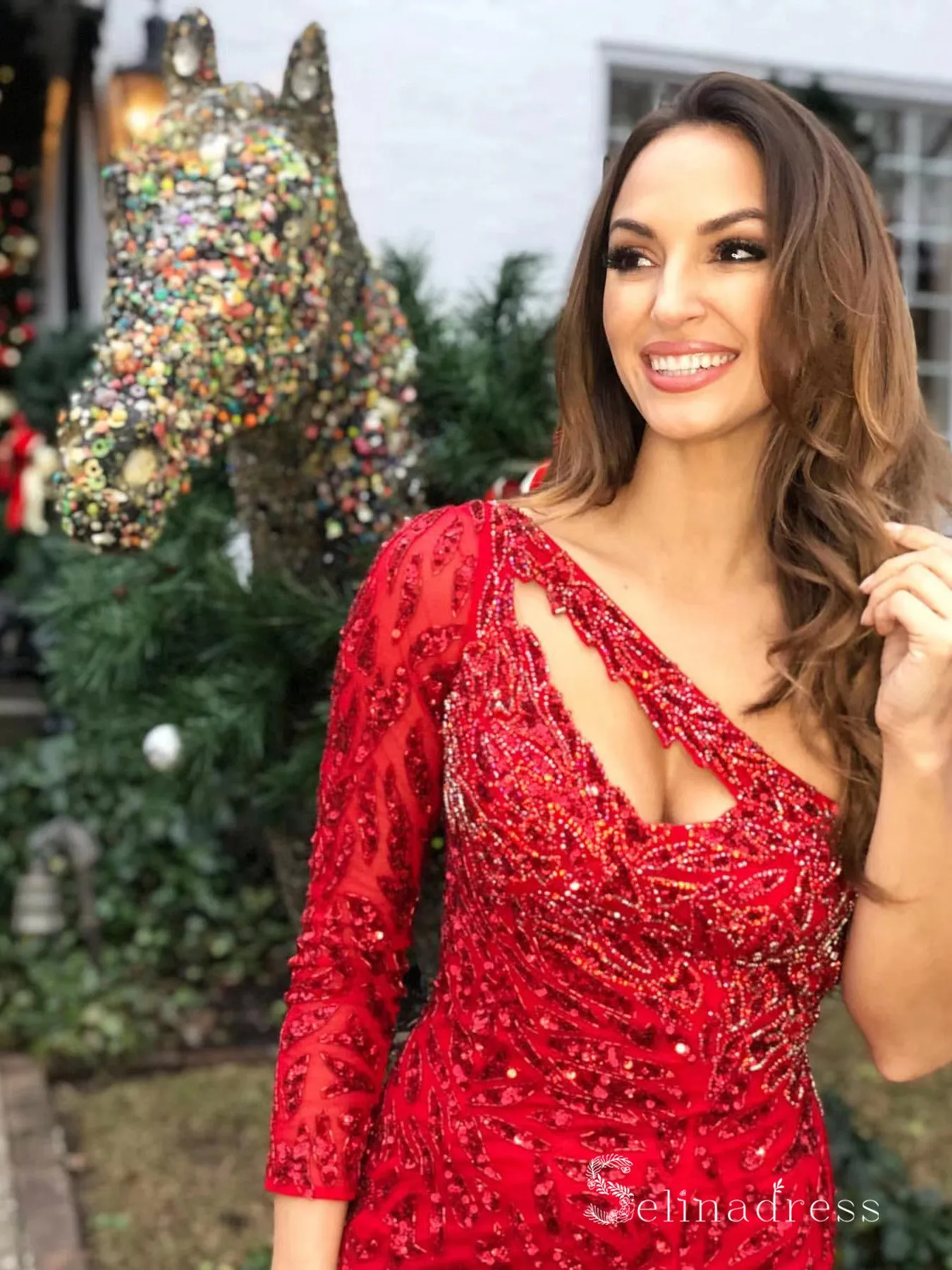 Chic Sheath/Column One Shoulder Red Sparkly Long Prom Dresses Evening Dresses MLH2015