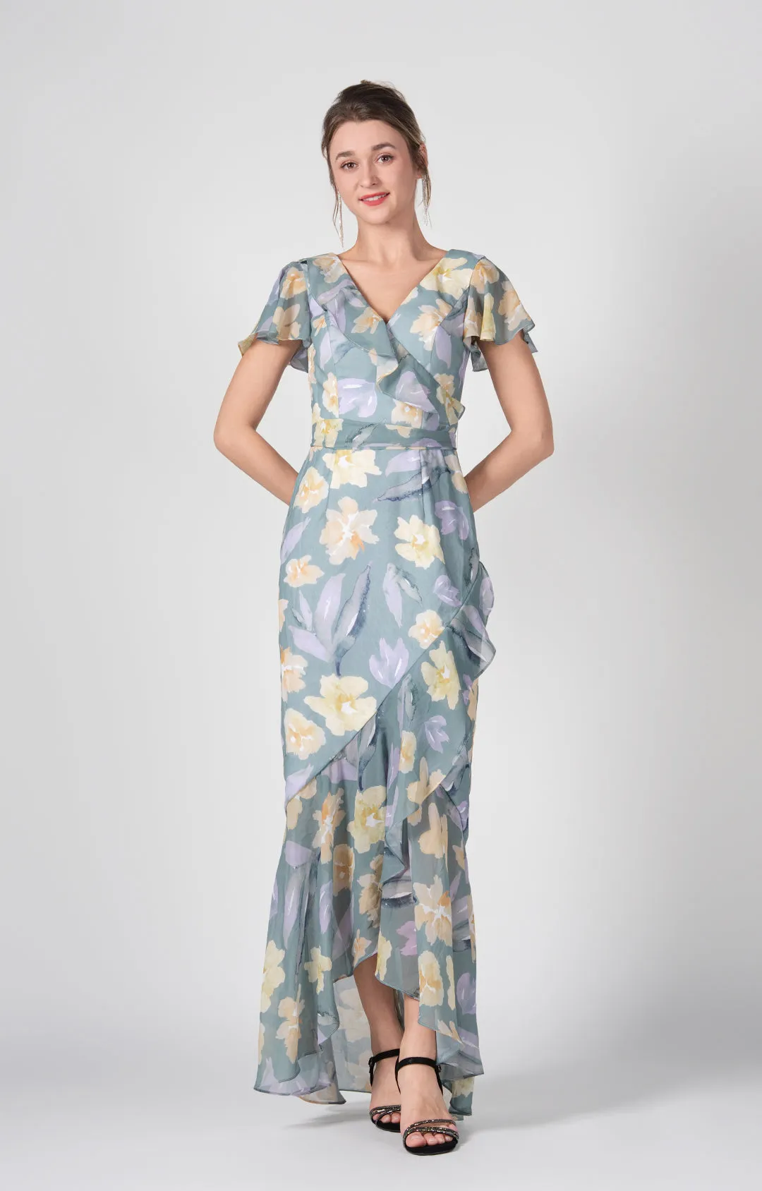 Chic V-Neck Flutter Sleeves Asymmetric Hem Maxi Dress