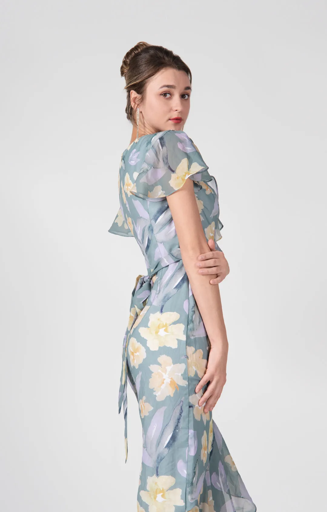 Chic V-Neck Flutter Sleeves Asymmetric Hem Maxi Dress