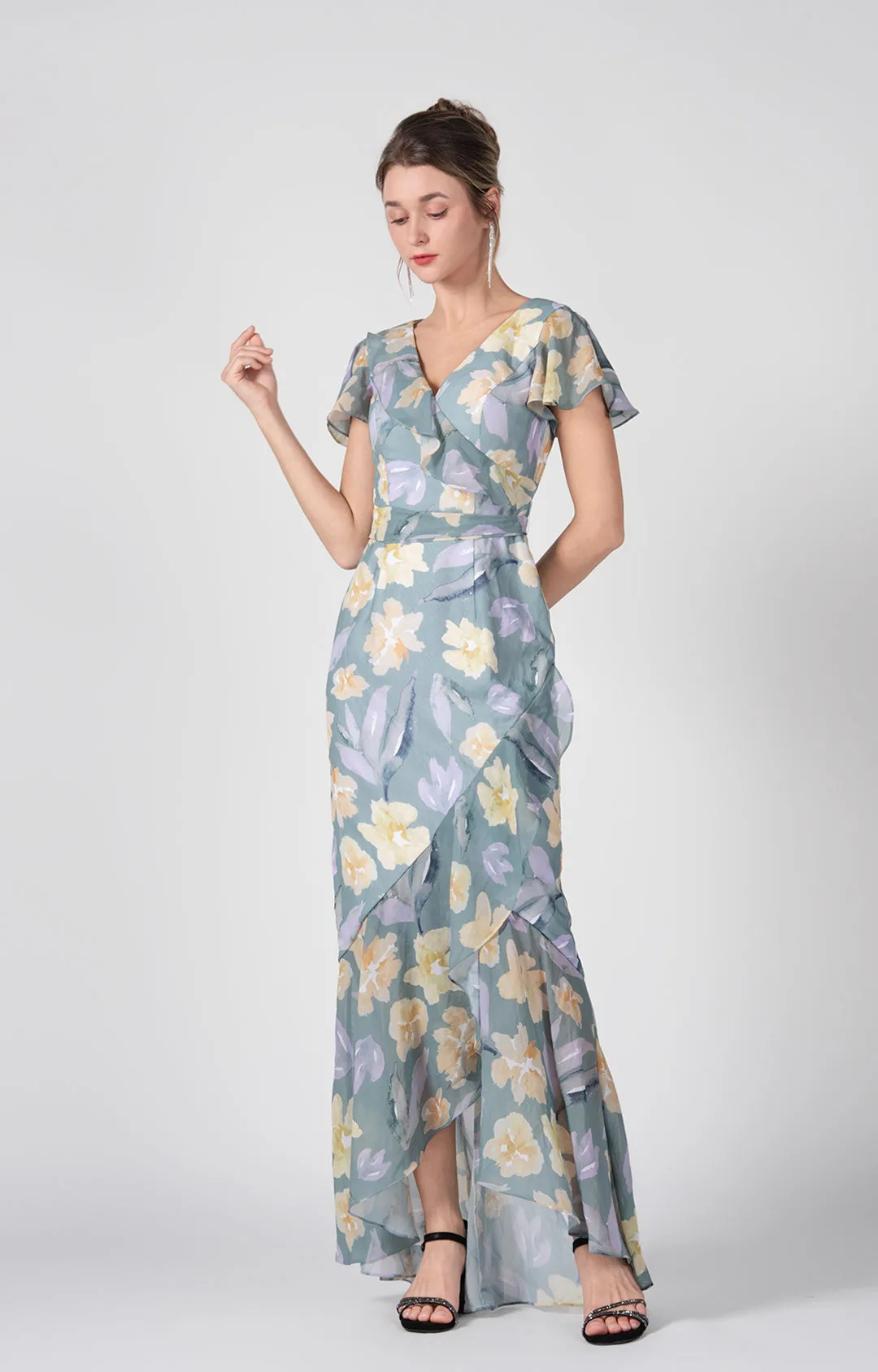 Chic V-Neck Flutter Sleeves Asymmetric Hem Maxi Dress