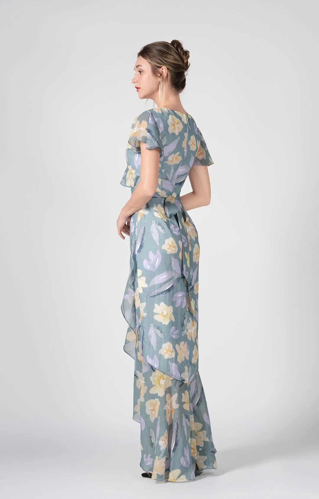 Chic V-Neck Flutter Sleeves Asymmetric Hem Maxi Dress