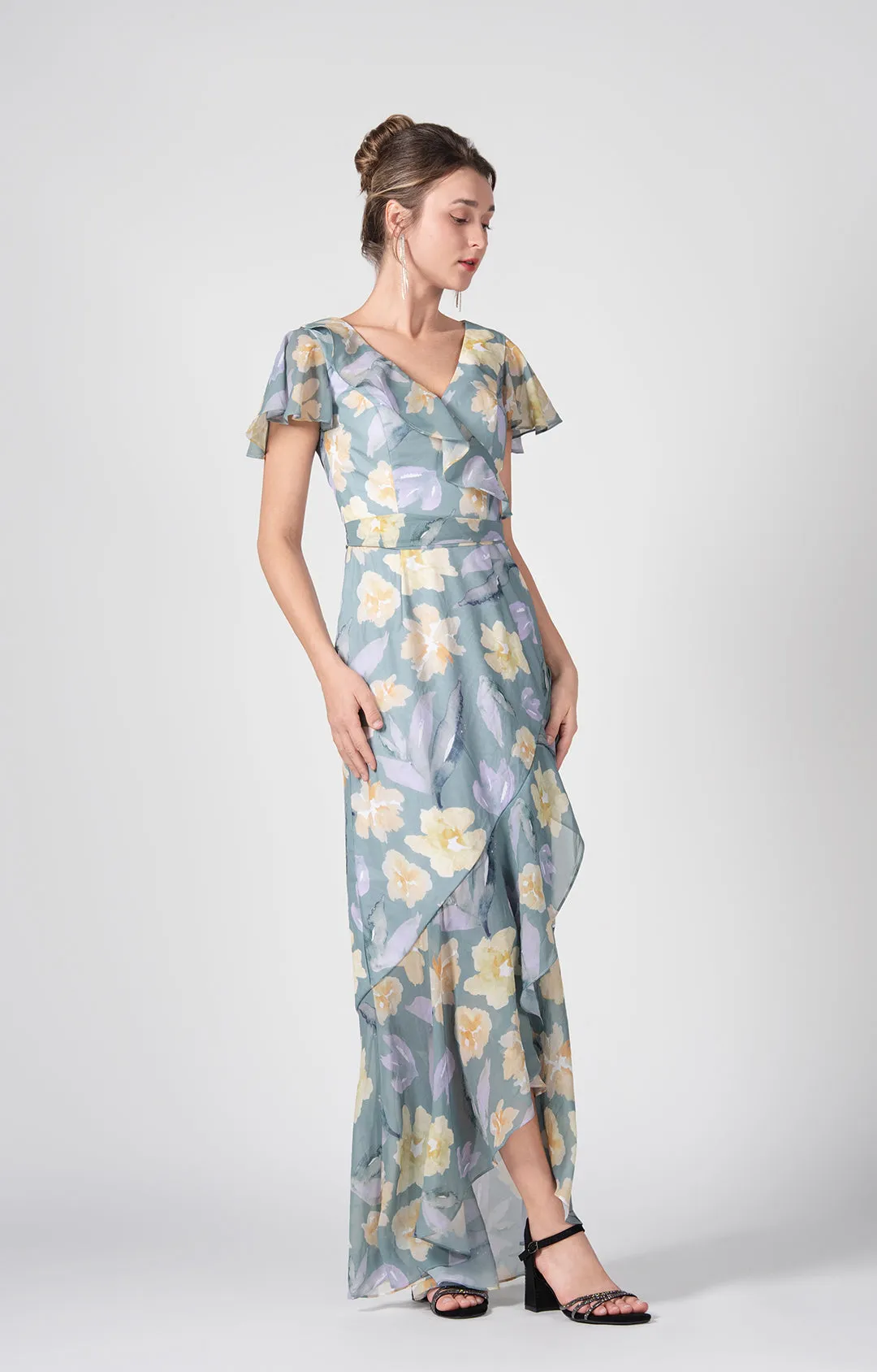 Chic V-Neck Flutter Sleeves Asymmetric Hem Maxi Dress