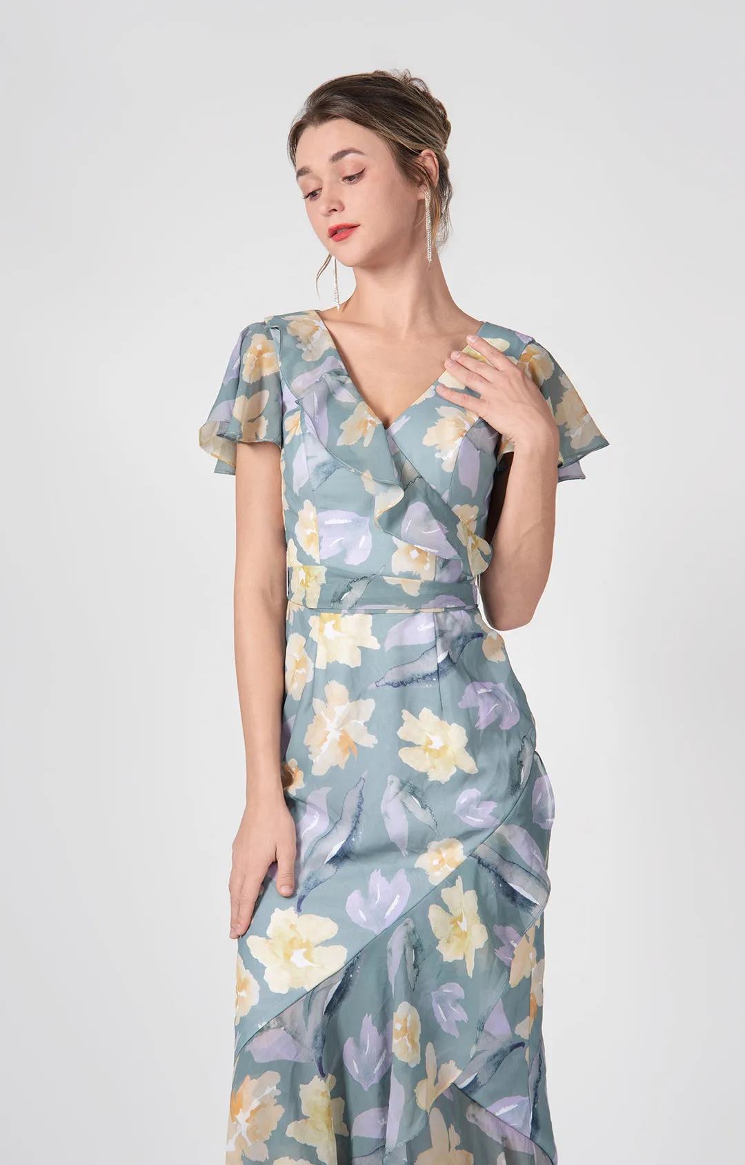 Chic V-Neck Flutter Sleeves Asymmetric Hem Maxi Dress