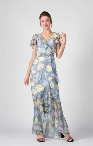 Chic V-Neck Flutter Sleeves Asymmetric Hem Maxi Dress