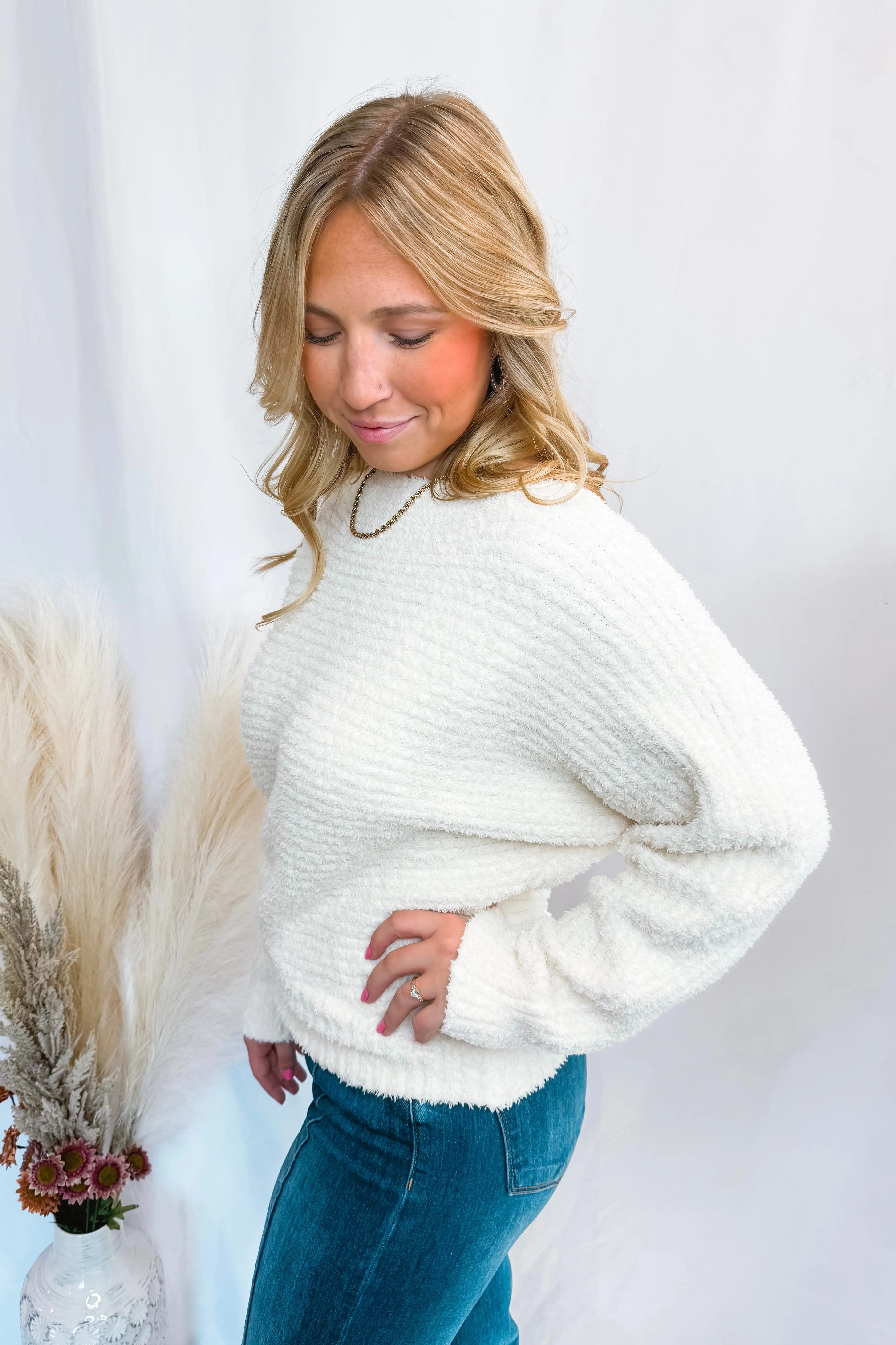 Cozy A La Mode Boat Neck Fuzzy Sweater - Ivory