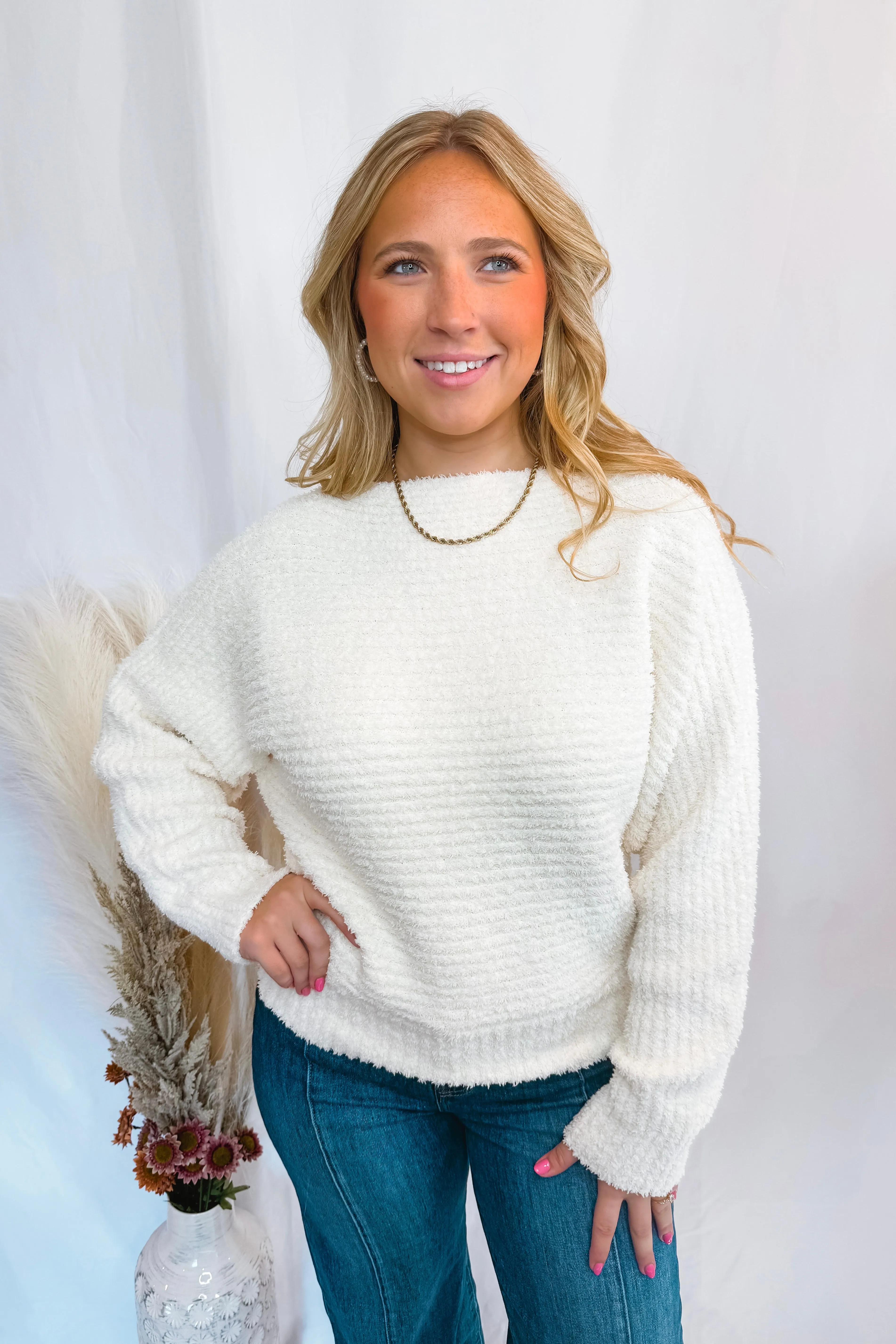 Cozy A La Mode Boat Neck Fuzzy Sweater - Ivory