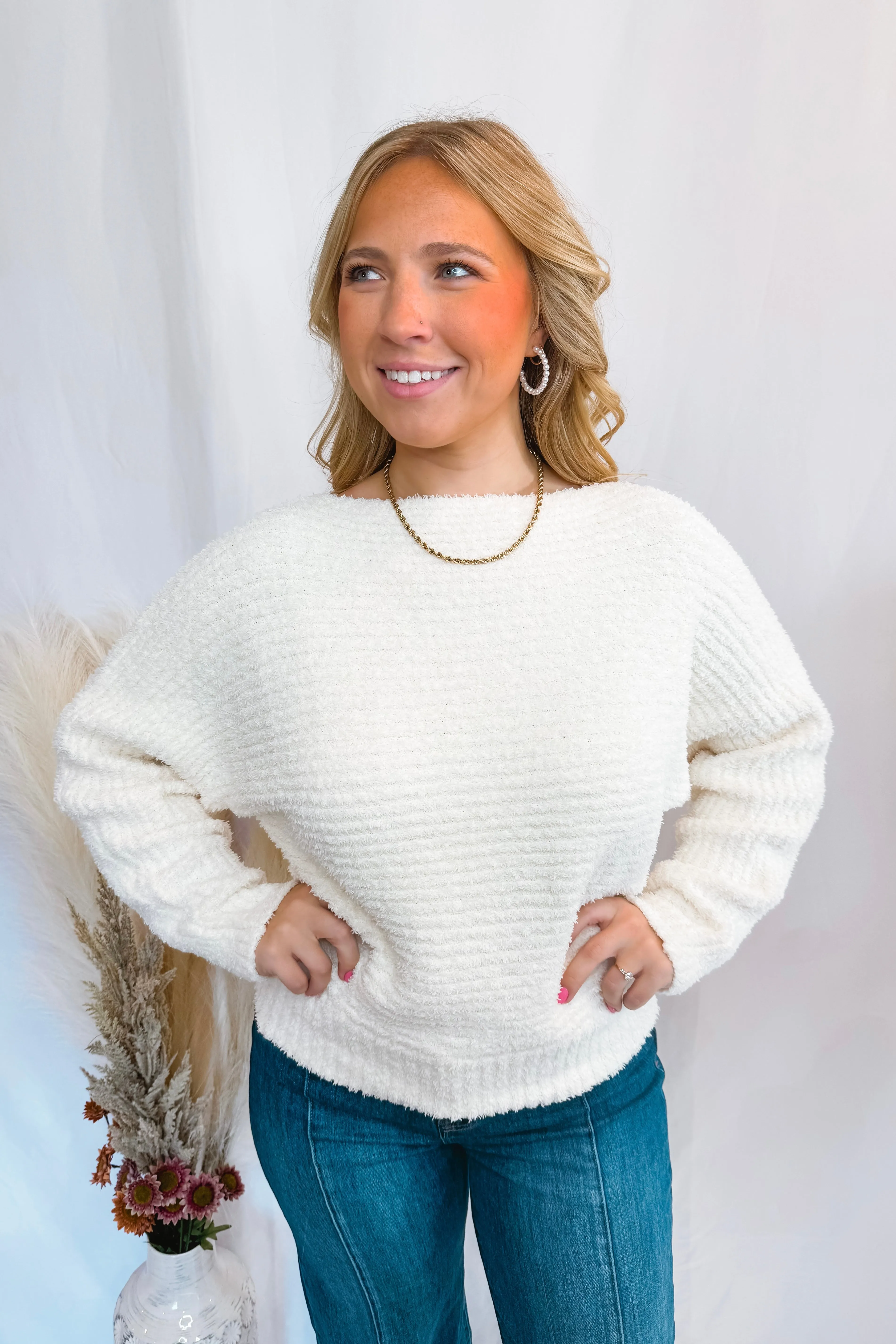 Cozy A La Mode Boat Neck Fuzzy Sweater - Ivory
