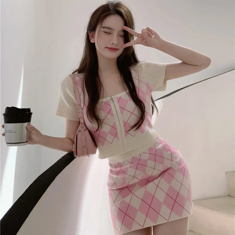 deanwangkt Korean Office Lady Sweet 2 Pieces Sets Square Collar Short Sleeve Crop Knit Blouses and Hit Color Plaid Mini Skirts Suit