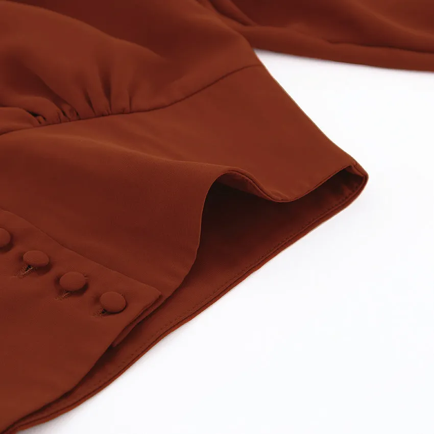 Elegant V-neck Lantern Sleeve Button Shirts Red