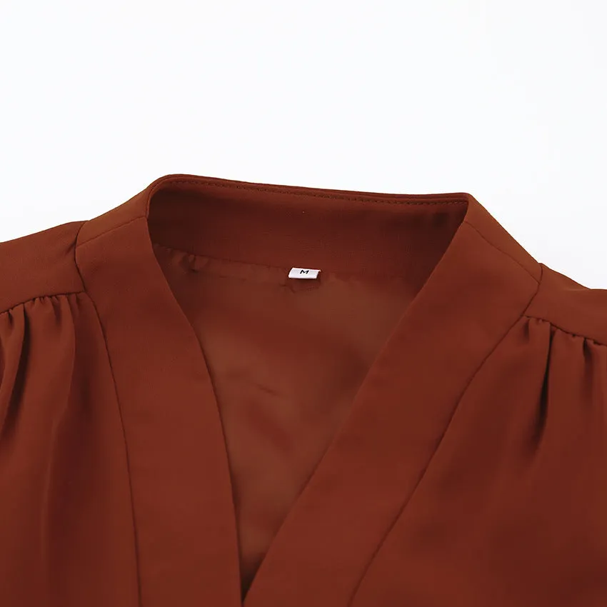 Elegant V-neck Lantern Sleeve Button Shirts Red