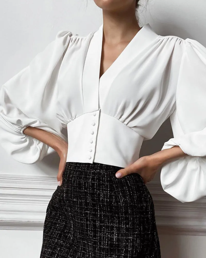 Elegant V-neck Lantern Sleeve Button Shirts Red