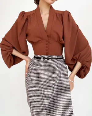 Elegant V-neck Lantern Sleeve Button Shirts Red
