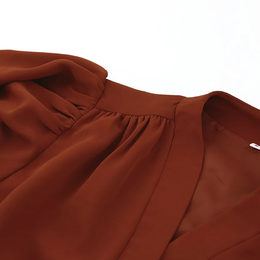Elegant V-neck Lantern Sleeve Button Shirts Red