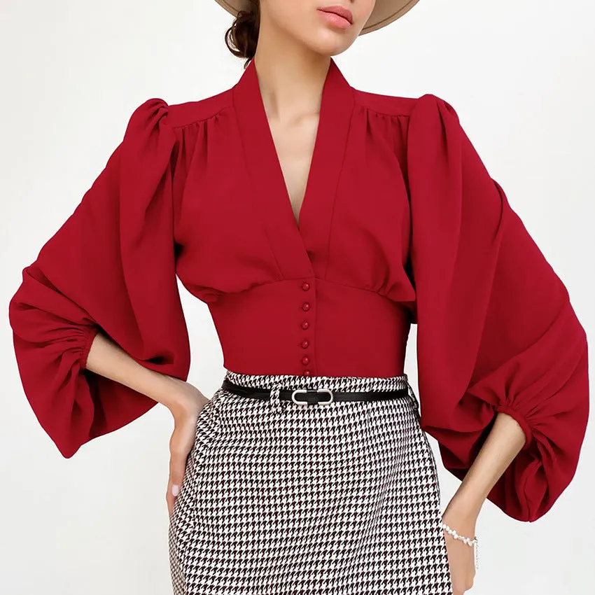 Elegant V-neck Lantern Sleeve Button Shirts Red