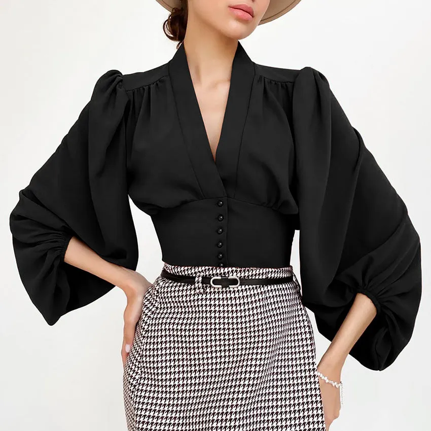 Elegant V-neck Lantern Sleeve Button Shirts Red