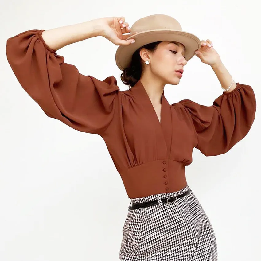 Elegant V-neck Lantern Sleeve Button Shirts Red