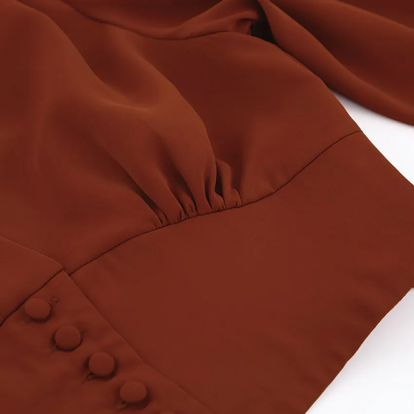 Elegant V-neck Lantern Sleeve Button Shirts Red