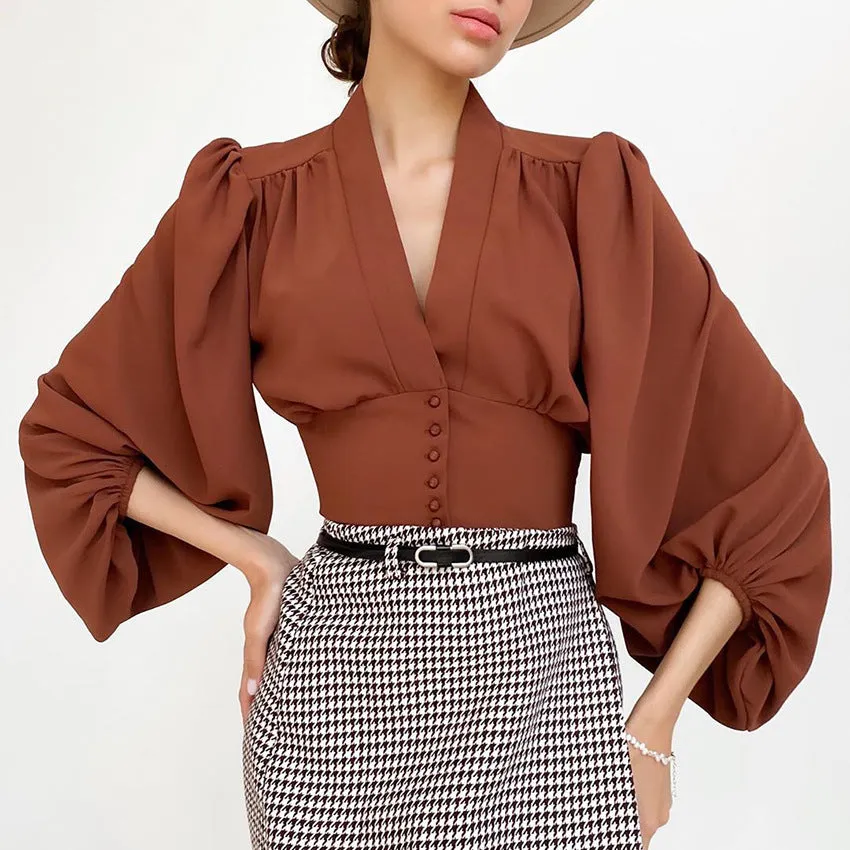 Elegant V-neck Lantern Sleeve Button Shirts Red