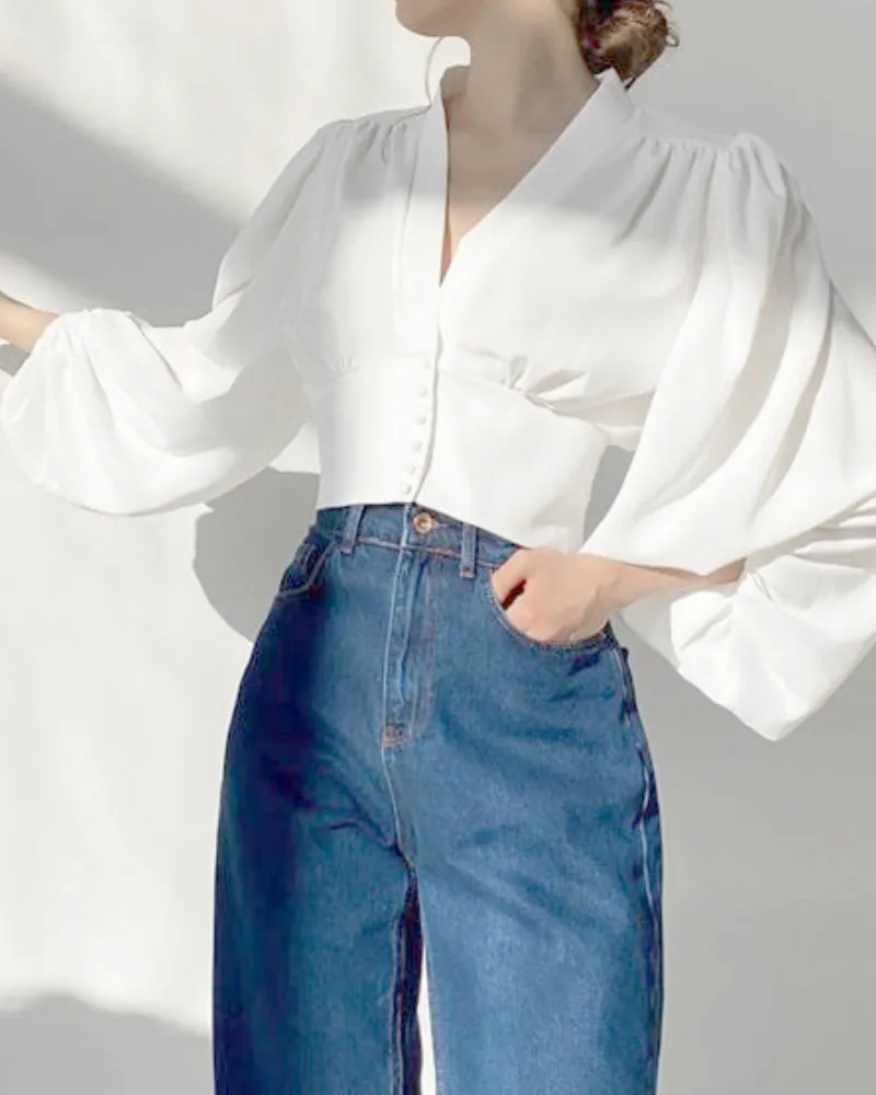 Elegant V-neck Lantern Sleeve Button Shirts Red