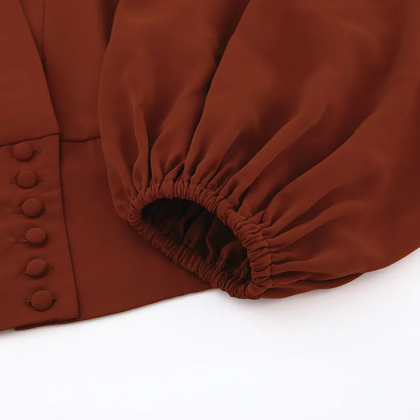 Elegant V-neck Lantern Sleeve Button Shirts Red