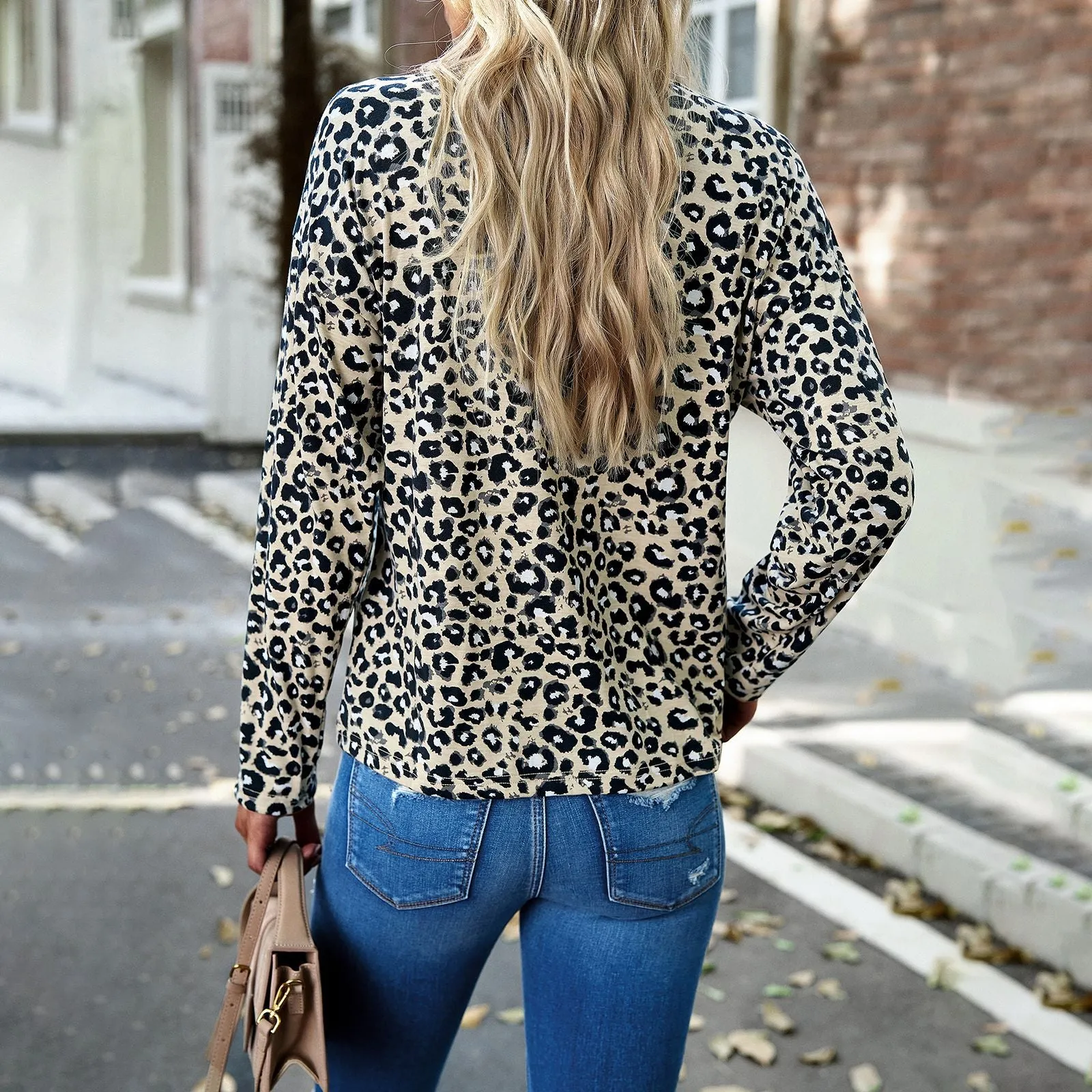 Elegant V-Neck Leopard Print Long Sleeve Knit Top Wholesale Womens Tops