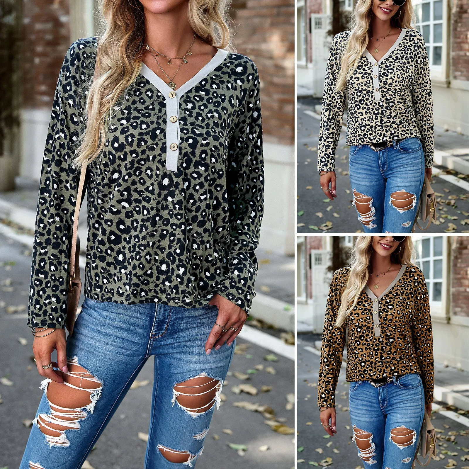 Elegant V-Neck Leopard Print Long Sleeve Knit Top Wholesale Womens Tops