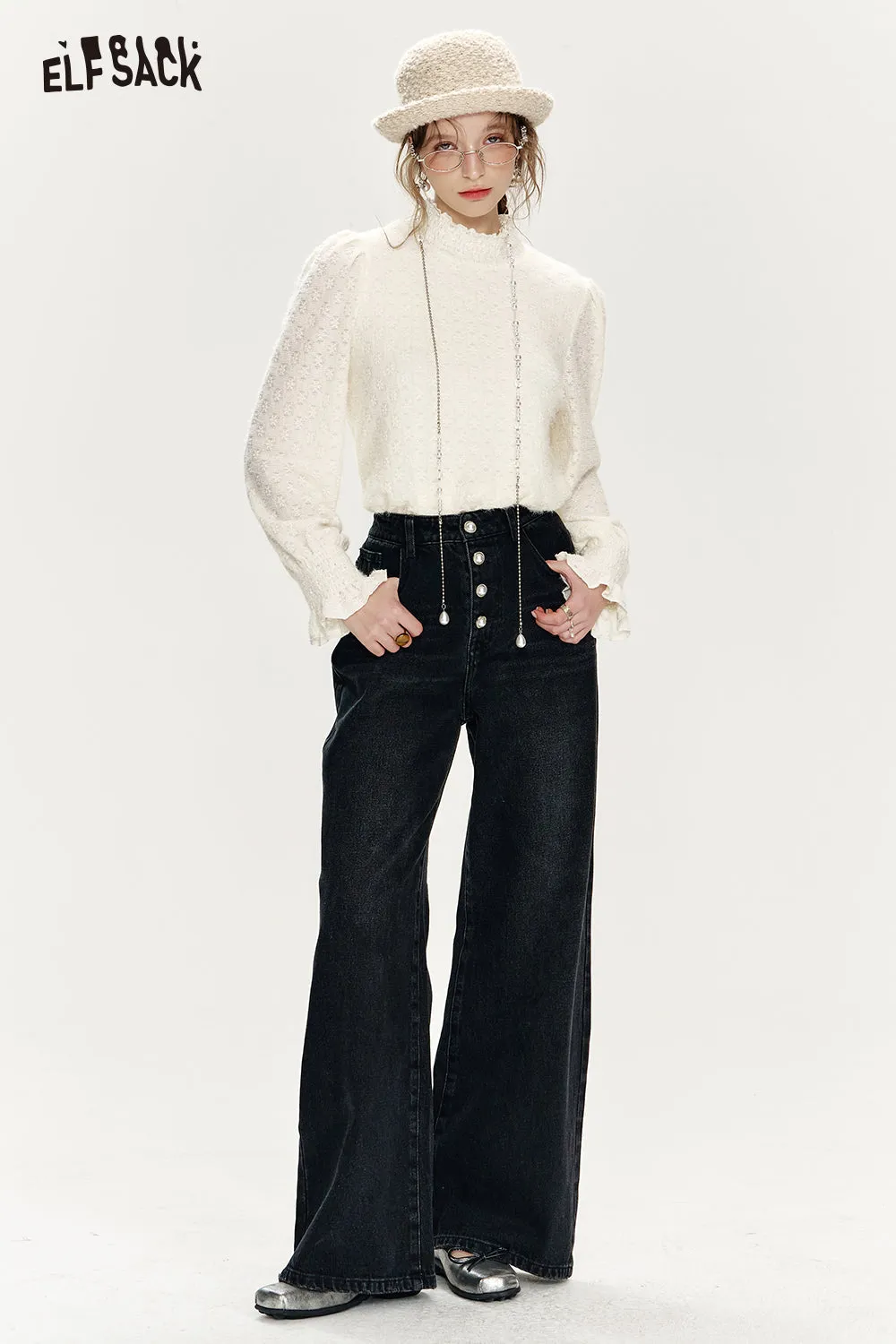 ELFSACK 2024 Winter New Arrivals White lace elegant high neck base shirt for women