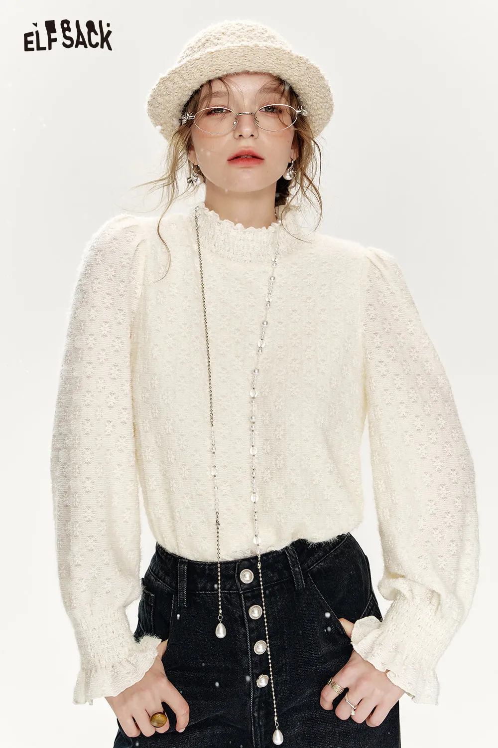 ELFSACK 2024 Winter New Arrivals White lace elegant high neck base shirt for women