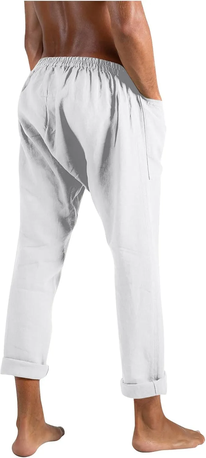 evzosrz Mens Pants Loose Fit Casual Straight Lightweight Drawstring Beach Yoga Pants Joggers Long Trousers with Pockets