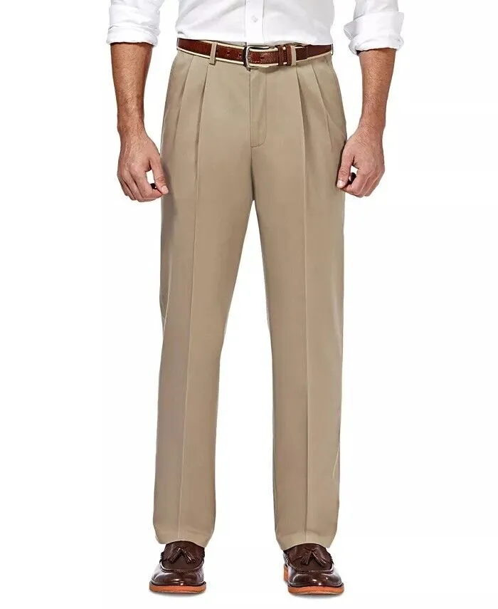 Haggar Mens Classic fit Casual Pants 36 / 31 Beige Solid