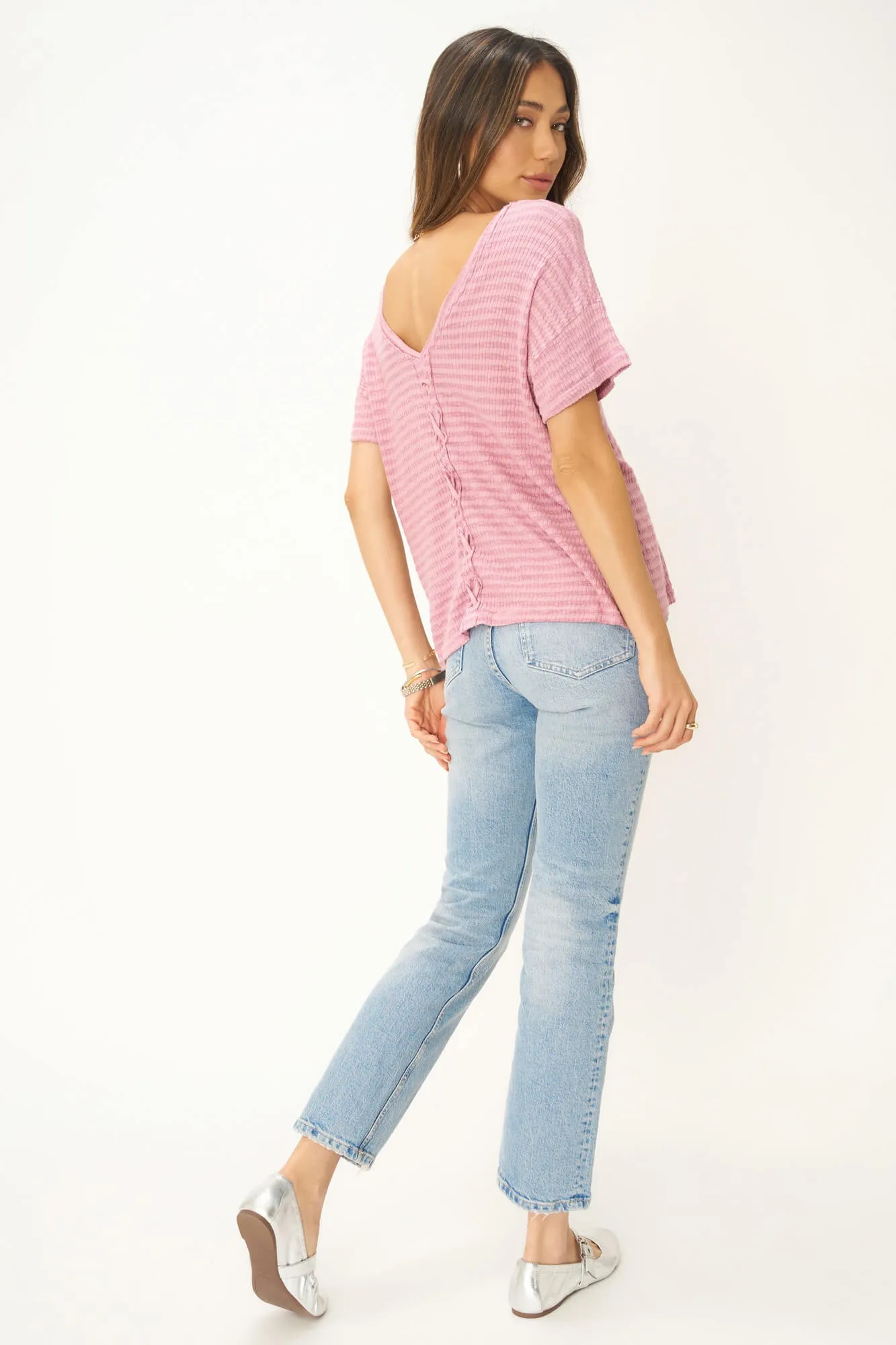 Isadora Back Lace Up Stripe Easy Fit Tee - Blushing Mauve