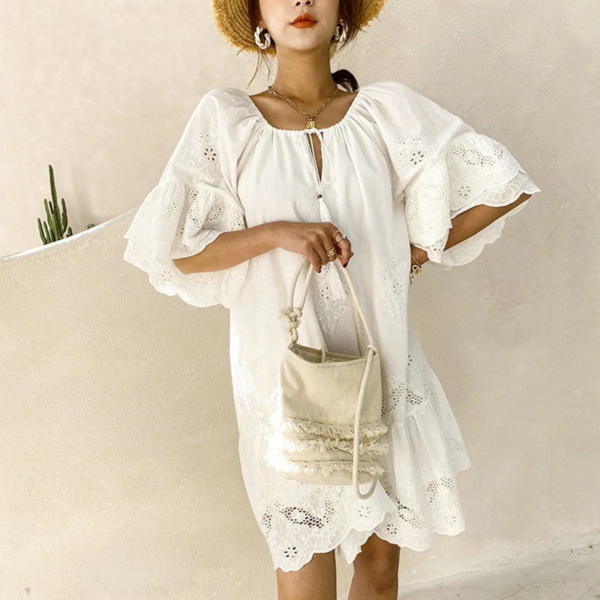 Jastie Chic Eyelet Lace Embroidery Mini Dress Ruffle Sleeve Tassle V