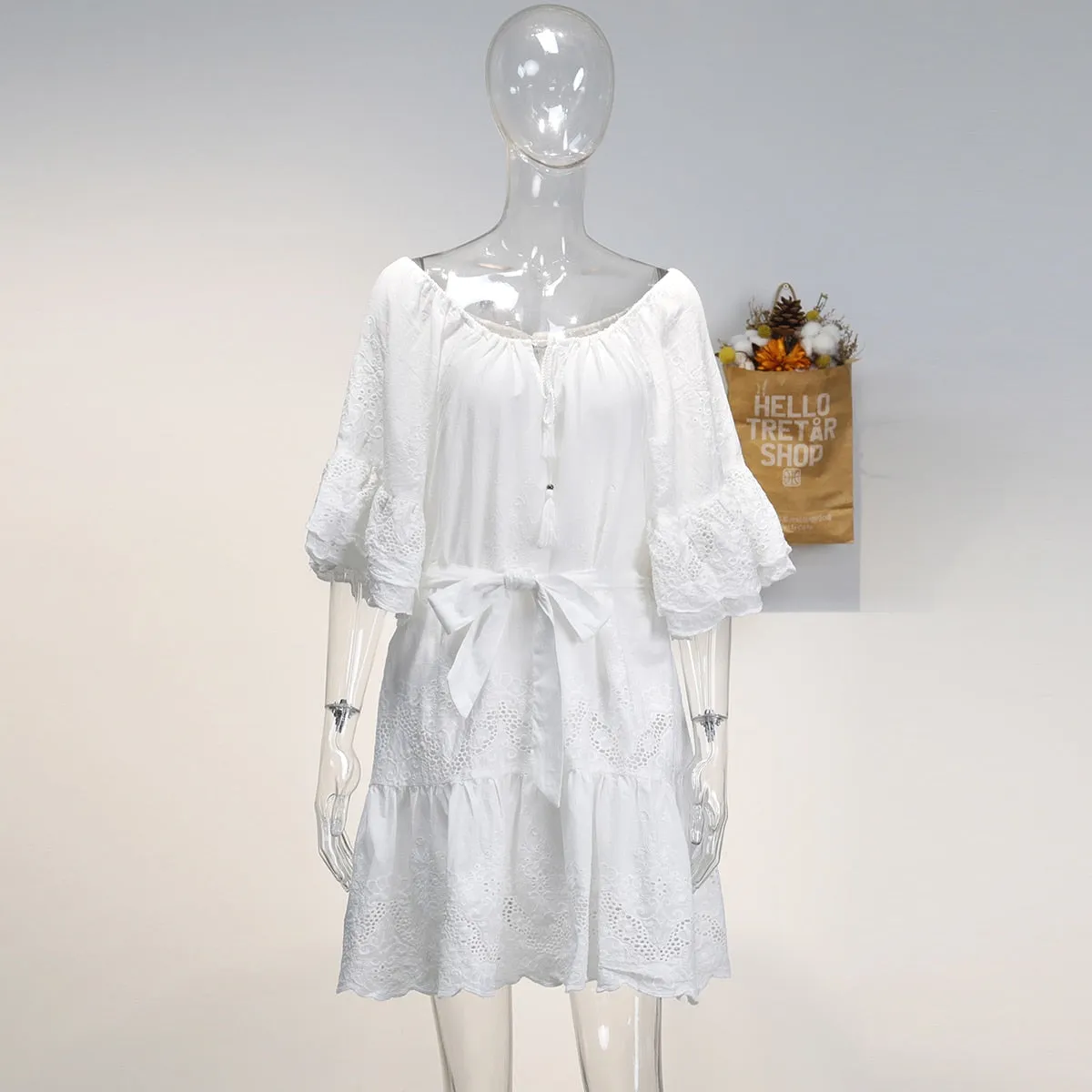 Jastie Chic Eyelet Lace Embroidery Mini Dress Ruffle Sleeve Tassle V