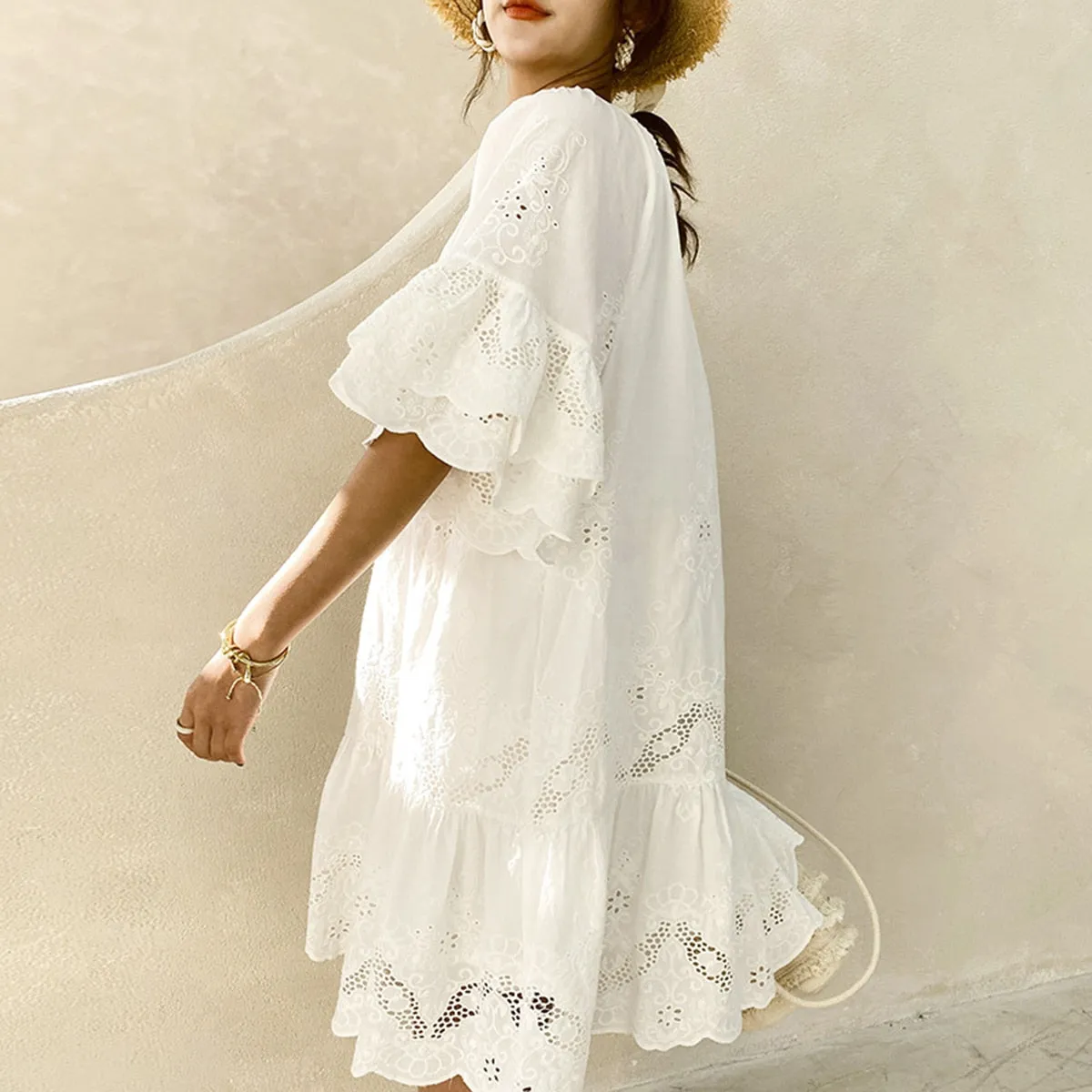 Jastie Chic Eyelet Lace Embroidery Mini Dress Ruffle Sleeve Tassle V