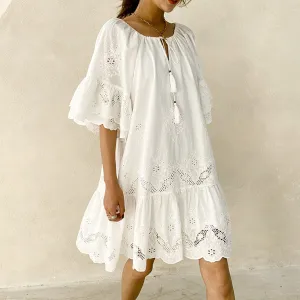Jastie Chic Eyelet Lace Embroidery Mini Dress Ruffle Sleeve Tassle V