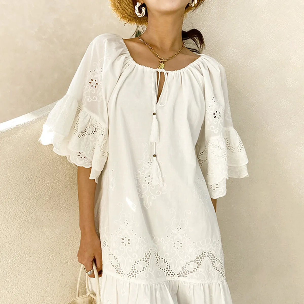Jastie Chic Eyelet Lace Embroidery Mini Dress Ruffle Sleeve Tassle V