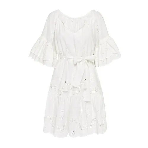 Jastie Chic Eyelet Lace Embroidery Mini Dress Ruffle Sleeve Tassle V