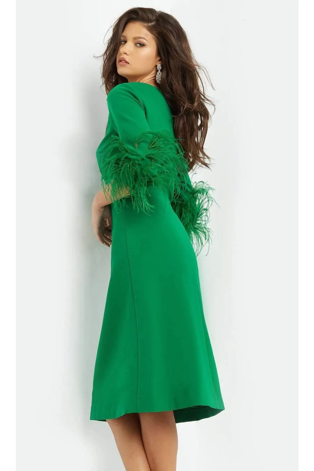 Jovani 07341 - Chic Feather-Fringed Quarter Sleeve Dress