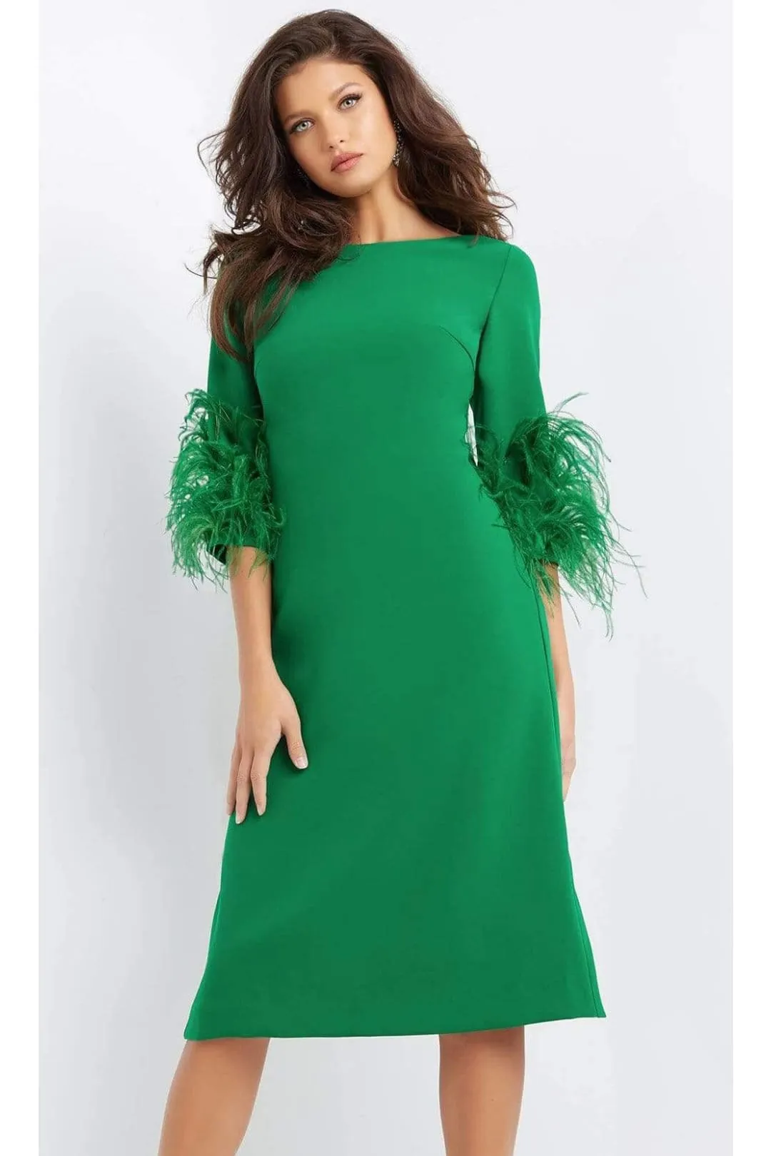 Jovani 07341 - Chic Feather-Fringed Quarter Sleeve Dress